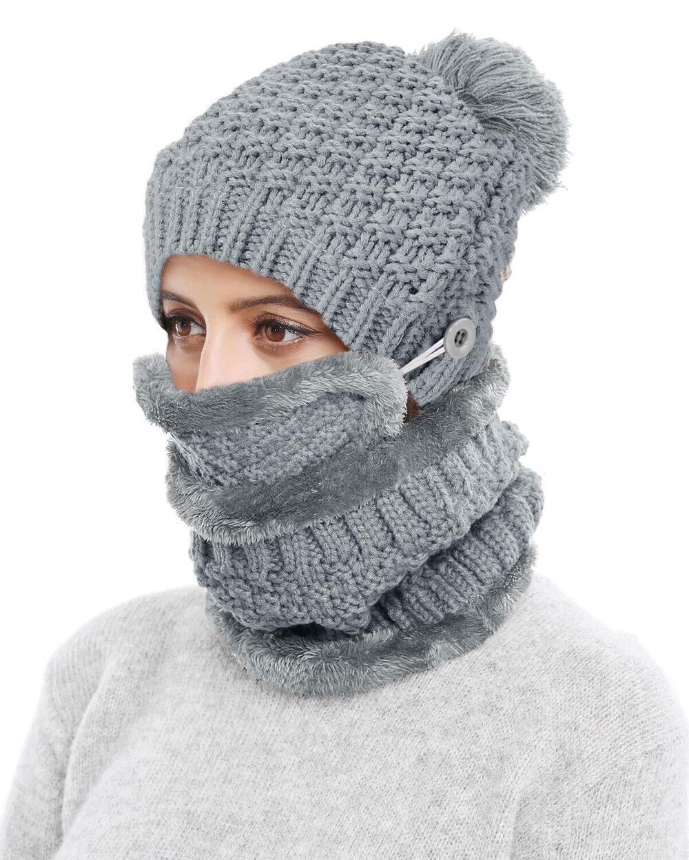 4506 3-Pieces Winter Hat Scarf Mask Set Thick Knit Hat Warm Snow Ski Skull
